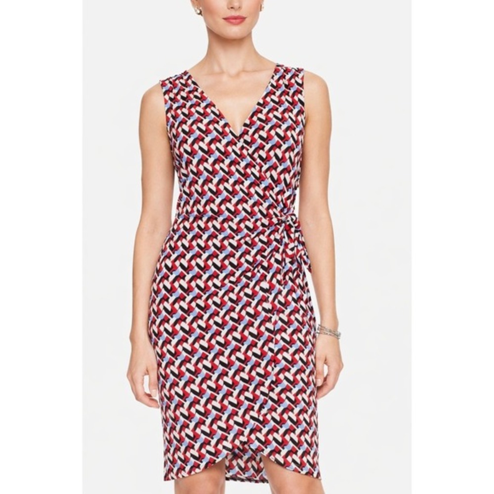 Banana Republic Womens PL Red Blue Geometric Faux Wrap Dress Sleeveless Petite